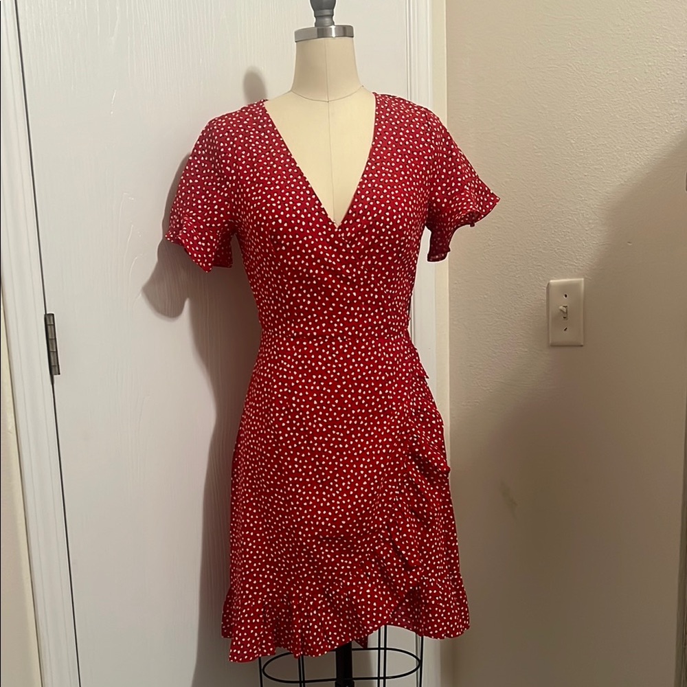 Petal & Pup Red and White Wrap Peplum Mini Dress